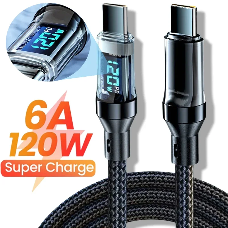 120W USB A to Type C Super Fast Charge Cable Type C Data Cord for Xiaomi POCO Samsung With Led Digital Display Cable