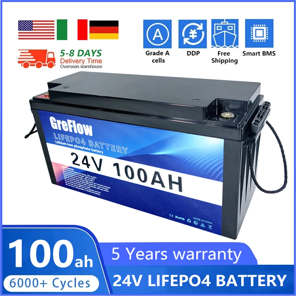 LiFePO4 24V 300Ah 200Ah 100Ah Battery Pack 101% Capacity 25.6V 7.6KWh 8S 200A BMS 6000+ Deep Cycles 10 Years Lifespan Tax energy