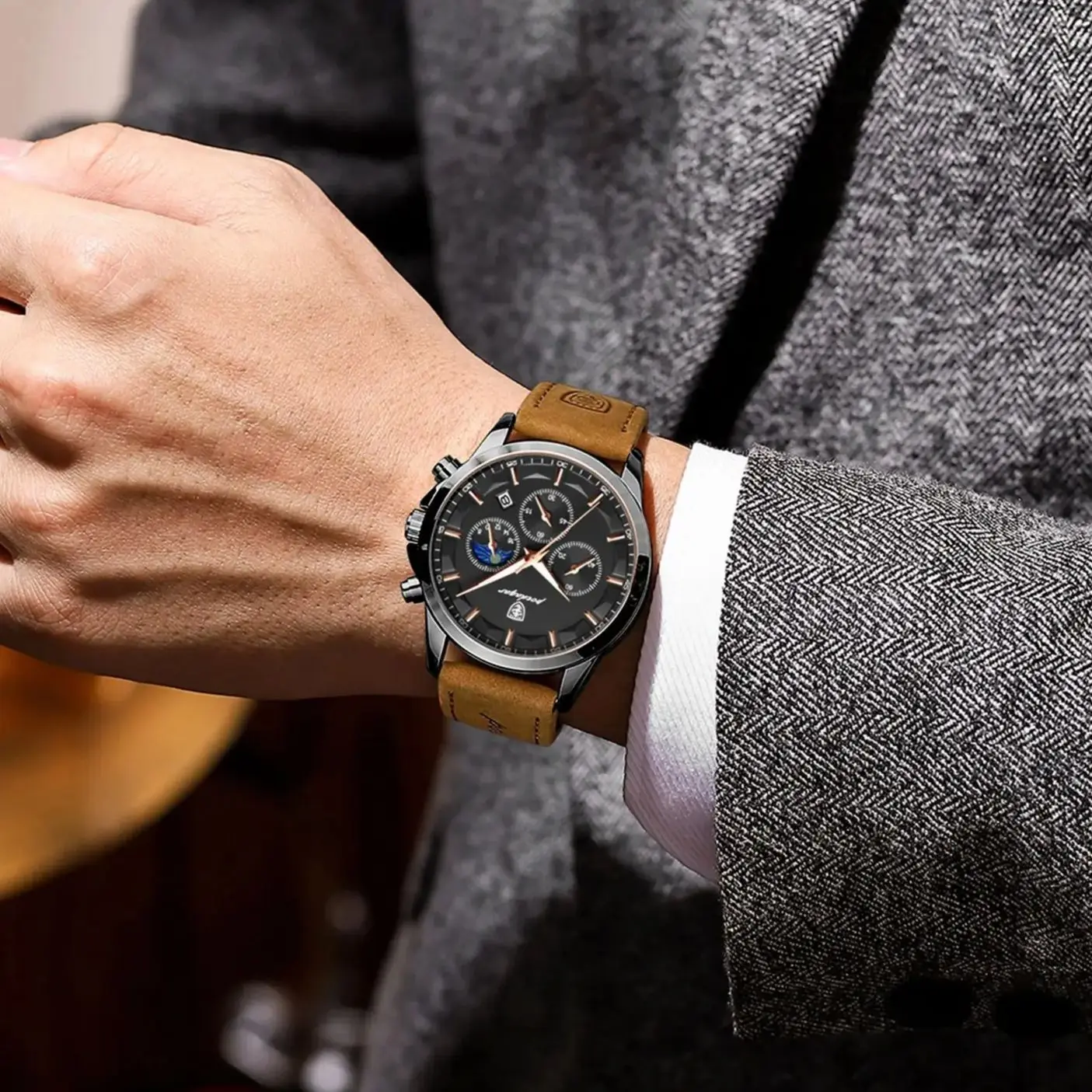 POEDAGAR Fashion Business Men Quartz Watch Waterproof Chronograph Luminous Date Man Wristwatch Leather Men\'s Watches Clock Reloj