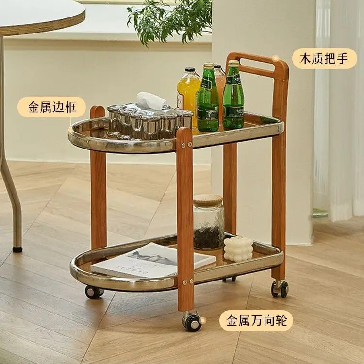 Solid Wood Trolley Removable Tea Trolley Side A Few Storage Rack Net Red Living Room Retro Furniture Simple Glass Dining Cart