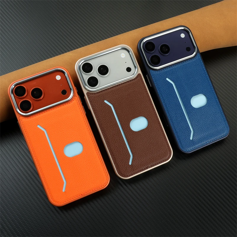 Luxury PU Leather Card Holder Wallet Case For iPhone 17 Air 12 13 14 15 16 17 Pro Max Metal Lens Frame Shockproof Business Cover