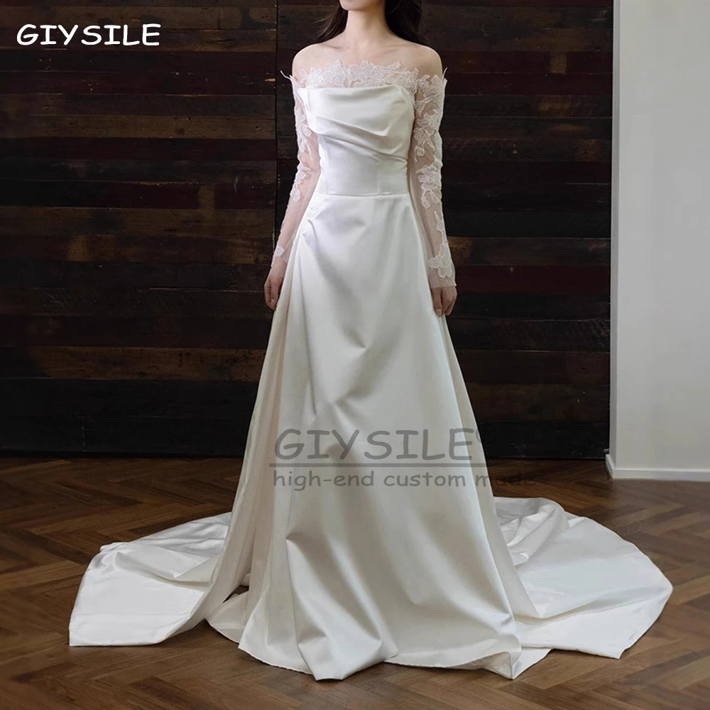 

GIYSILE Customized French One Shoulder Light Wedding Dresses Lace Long Sleeved High-end Satin Small Trailing Bridal Photo Dress