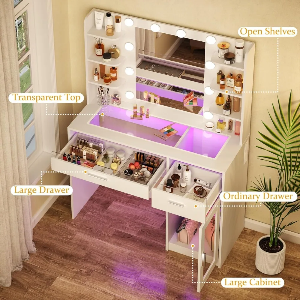 Vanity Desk with Mirror and Lights, Makeup Vanity Desk with Lights 3 Colors, Transparent Top Vanity with 2 RGB Drawers