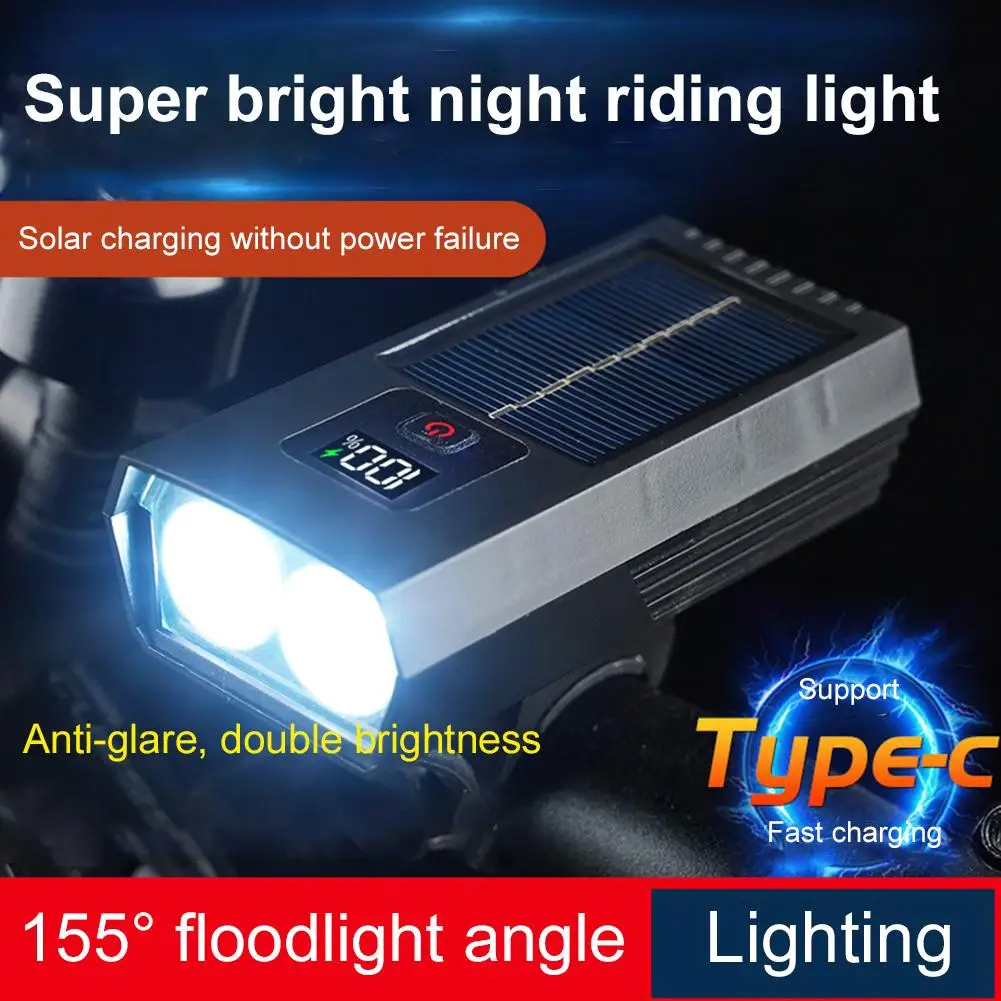 Solar Bicycle Light Waterproof Rechargeable Headlight Bright Solar Bicycle Light Batteried Night Riding LED With Digital Display