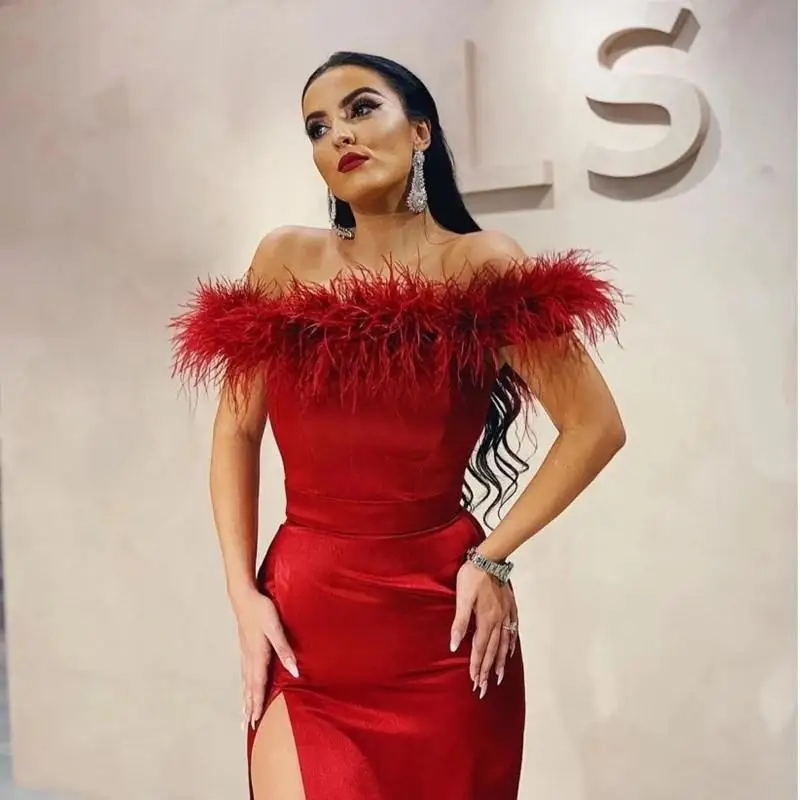 Pena moderna fora do ombro vestidos de noite vermelho sexy alta divisão cetim vestidos de baile até o chão vestido de festa formal 2022