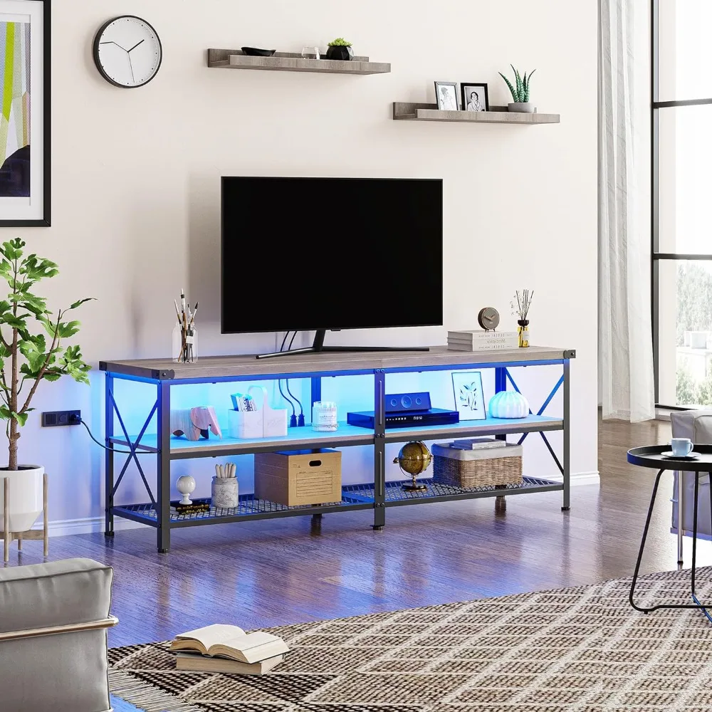 Gaming TV Stand with Storage Shelves and Power Outlets, Smart LED Light, Engineered Wood, Metal, TV Console