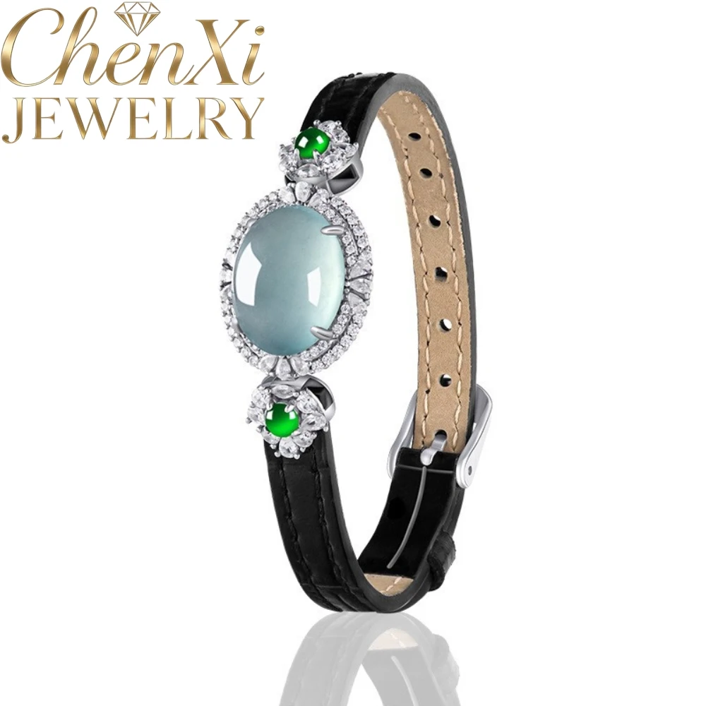 

High-End Natural A-Grade Blue Water Jadeite Cabochon Wristband Luxury Stylish Women Jade Watch-Style Accessory Fine Jewelry Gift
