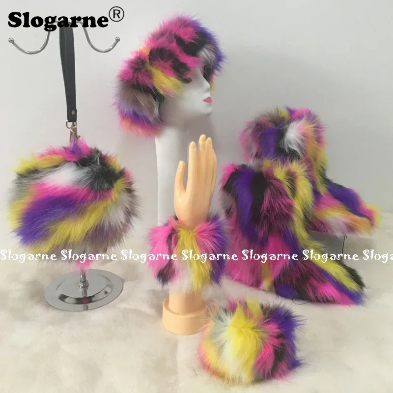 

2025 модные меховые комплекты, женские зимние меховые зимние сапоги, меховые сапоги, меховой кошелек, плюшевая теплая сумка для девочек, пушистая повязка на голову, лыжная обувь, сумка