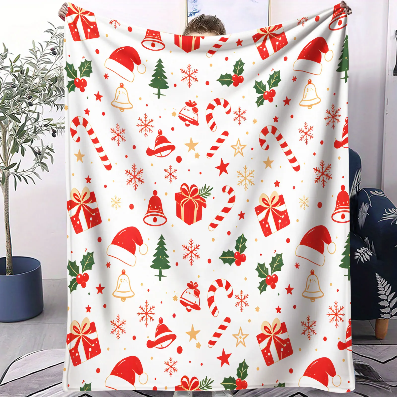 Christmas Flannel Throw Blanket Santa Hat Candy Cane Gift Box Bell Xmas Tree Snowflake Print Soft Plush Microfiber Warm Blanket