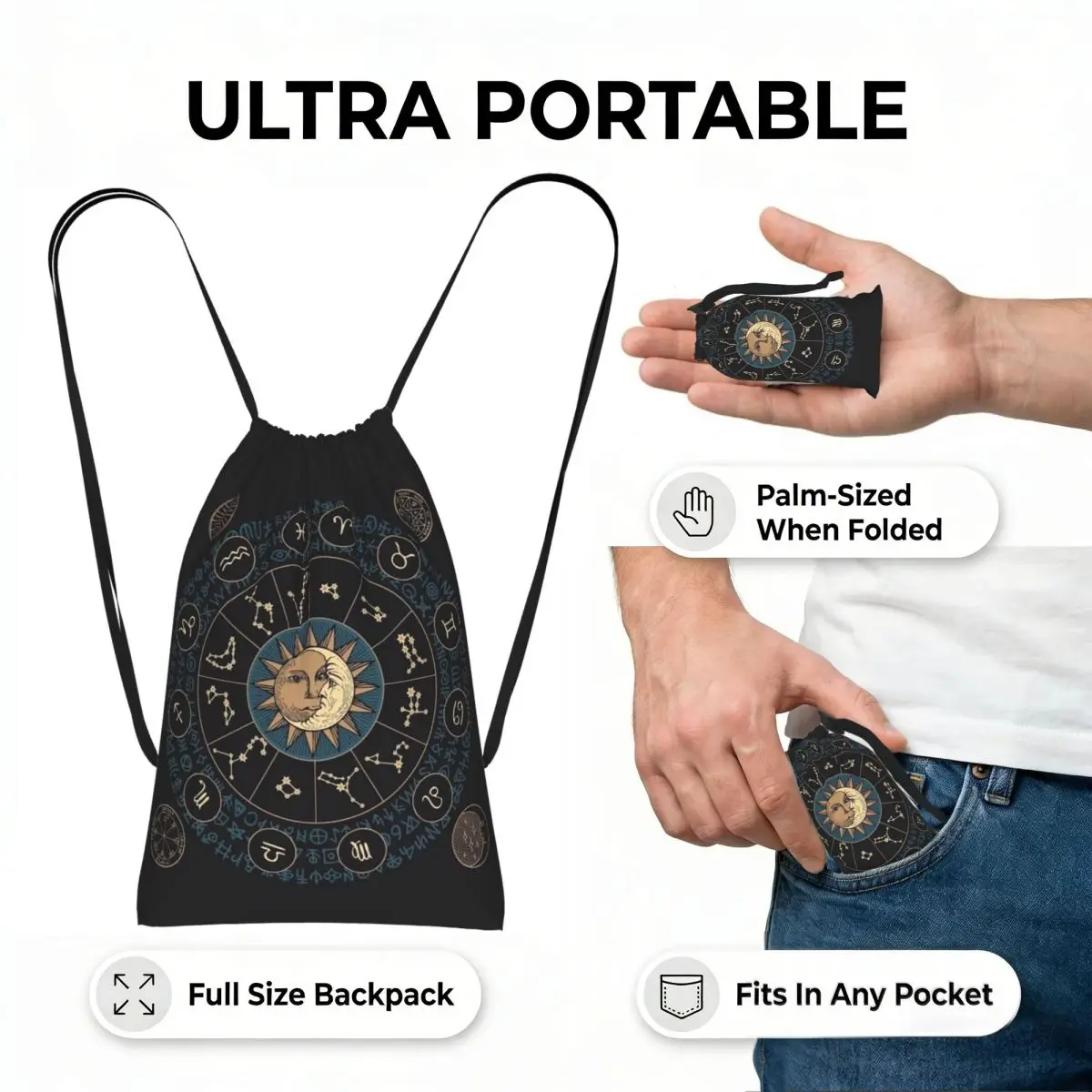 Horoscope Wheel With Zodiac Signs Drawstring Backpack Sports Gym Bag Portable Travel Drawstring Bag for Men Women