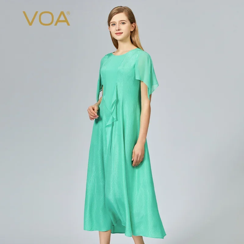 VOA Spring Jacquard Silk Green O-Neck Flying Sleeve Dress Women Three-dimensional Decoration Young Style Fresh Silk Dress AE1318