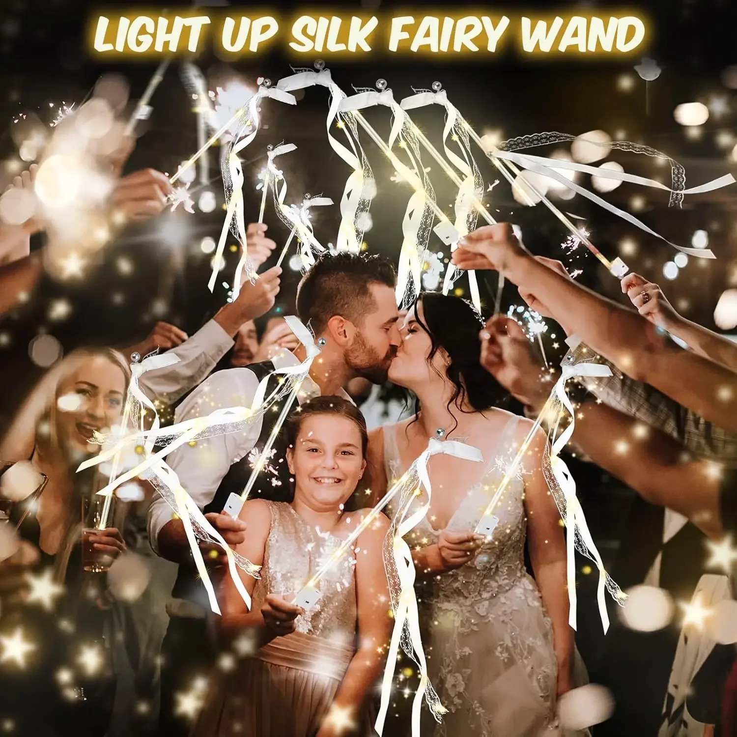 20-200Pcs Light Up Wedding Sparklers Wedding Wands Ribbon Streamers LED Silk Fairy Wands with Bells for Birthday Concert Raves