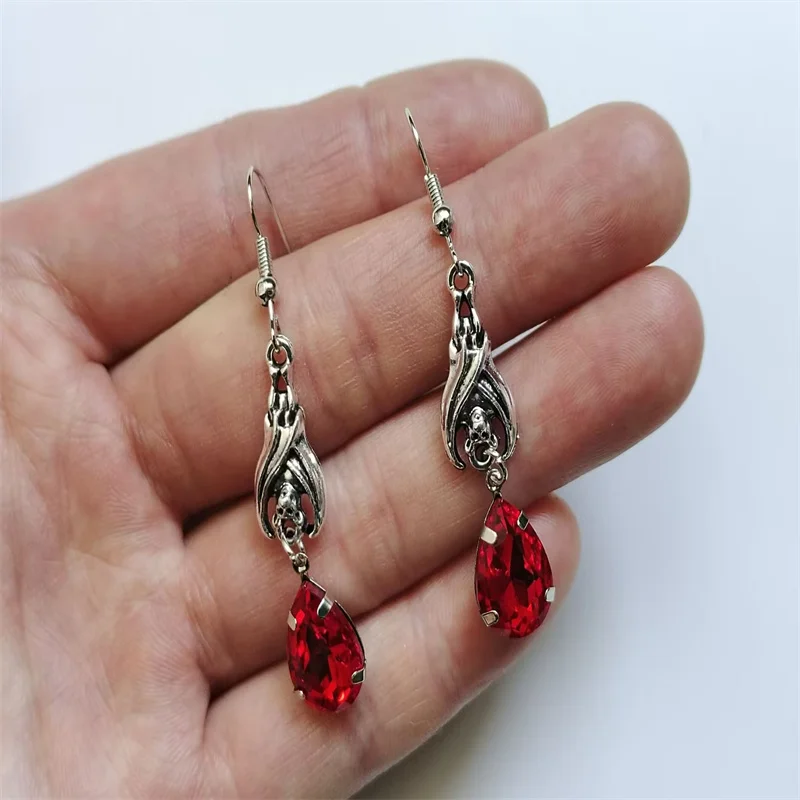 Dark Ruby Red/Garnet Crystals Dangle/Drop Earrings Vampire Queen Hanging Bat Gothic Victorian Bridal Wedding Alternative Jewelry