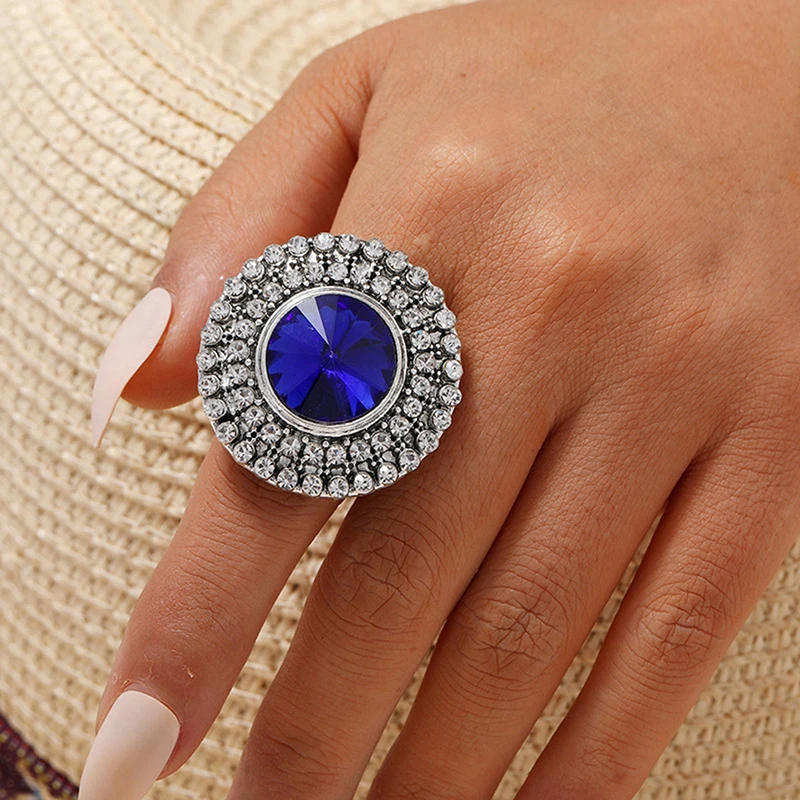 Unique Boho Crystal Stone Ring Big Round Rings For Women Vintage Female Wedding Party Jewelry Birthday Gift