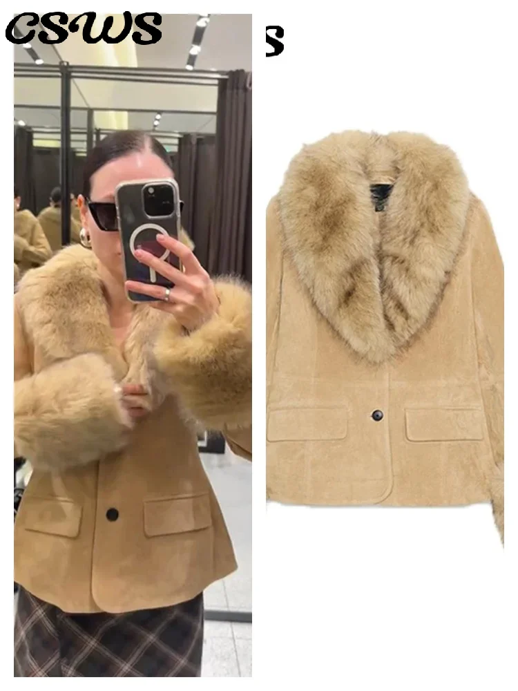 

Элегантная меховая лоскутная куртка, женская замшевая куртка цвета хаки с длинными рукавами и пуговицами на талии, осенне-зимняя верхняя одежда для женщин