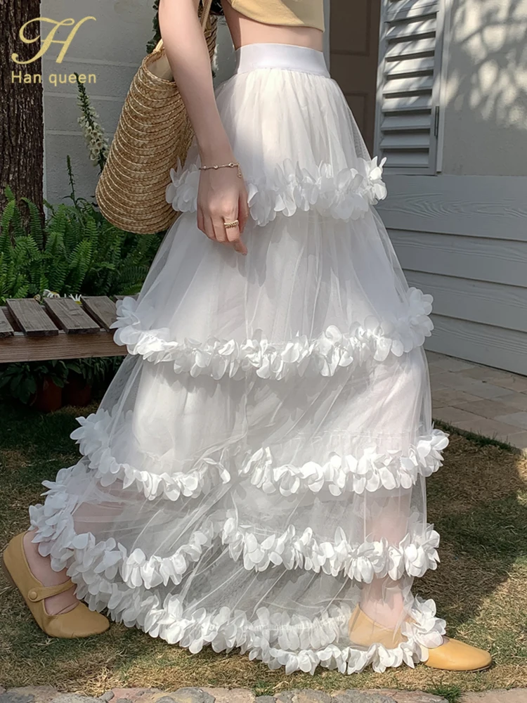 H Han Queen Fashion Mesh White Petal Cake Skirt Tulle Skirts for Women Long Fairy Tiered A Line Elastic Waist Skirts Big Hem