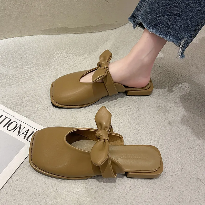 Butterfly-Knot Female Shoes Slippers Women Summer Mules Sexy Low Loafers Cover Toe Slides 2024 Flat Square Butterfly-knot Rubber