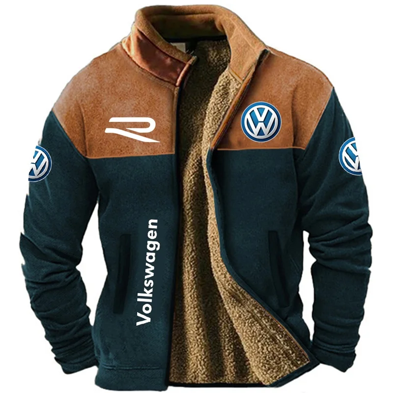 2025 Autumn/Winter 3D Volkswagen Logo Printed Plush Warm Coat, Men's New Warm Stand Collar Windproof Coat