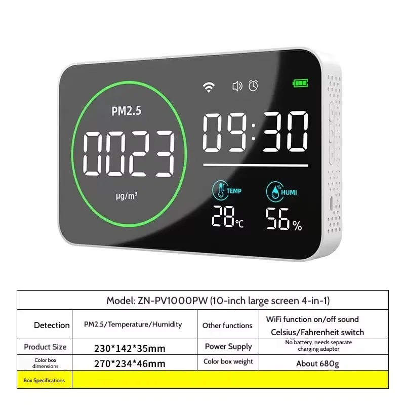 8 in 1 Tuya Wifi Air Quality Meter Indoor Air Quality Monitor Mini CO2 Sensor Temperature & Humidity Test Carbon Dioxide Detecto