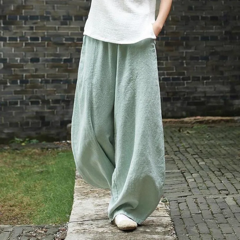 Spring Summer 2023 Cotton Linen Style Bloomers Wide Leg Pants Women Vintage Full Length Elegent Pants Solid Elasitic Waist S-5XL