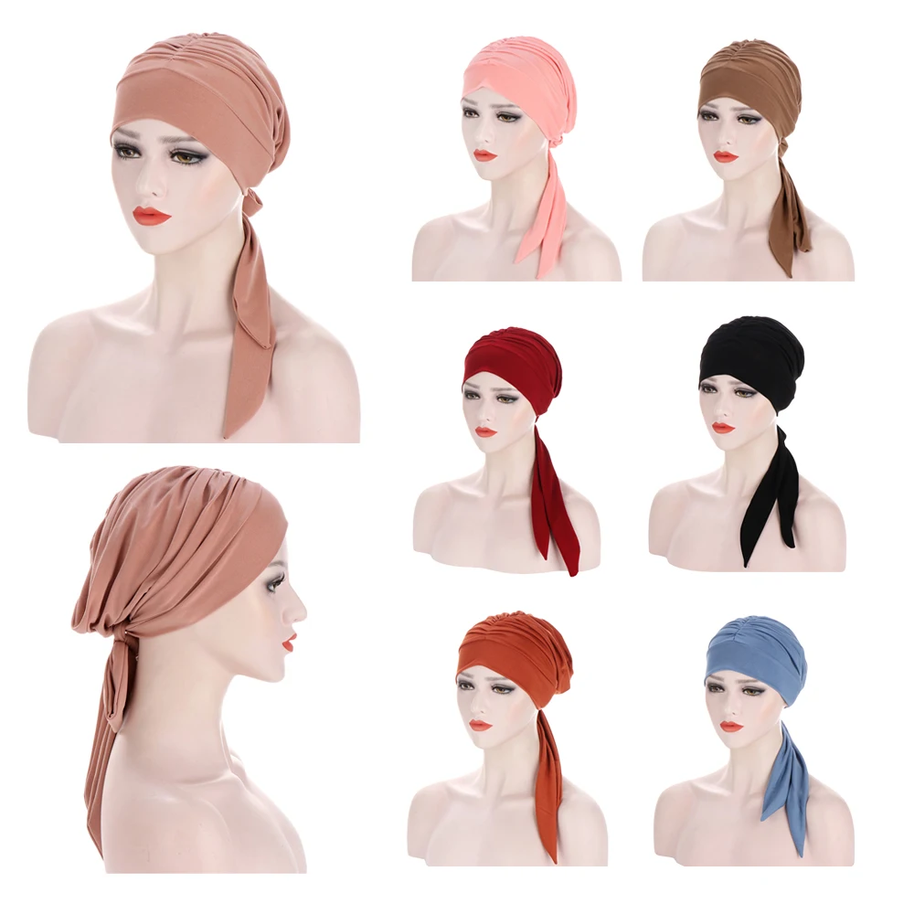 

Pre-Tied Turban Muslim Women Hijab Beanies Chemo Cap Bonnet Long Tail Hat Female Hair Loss Cancer Bandana Head Wrap Solid Color