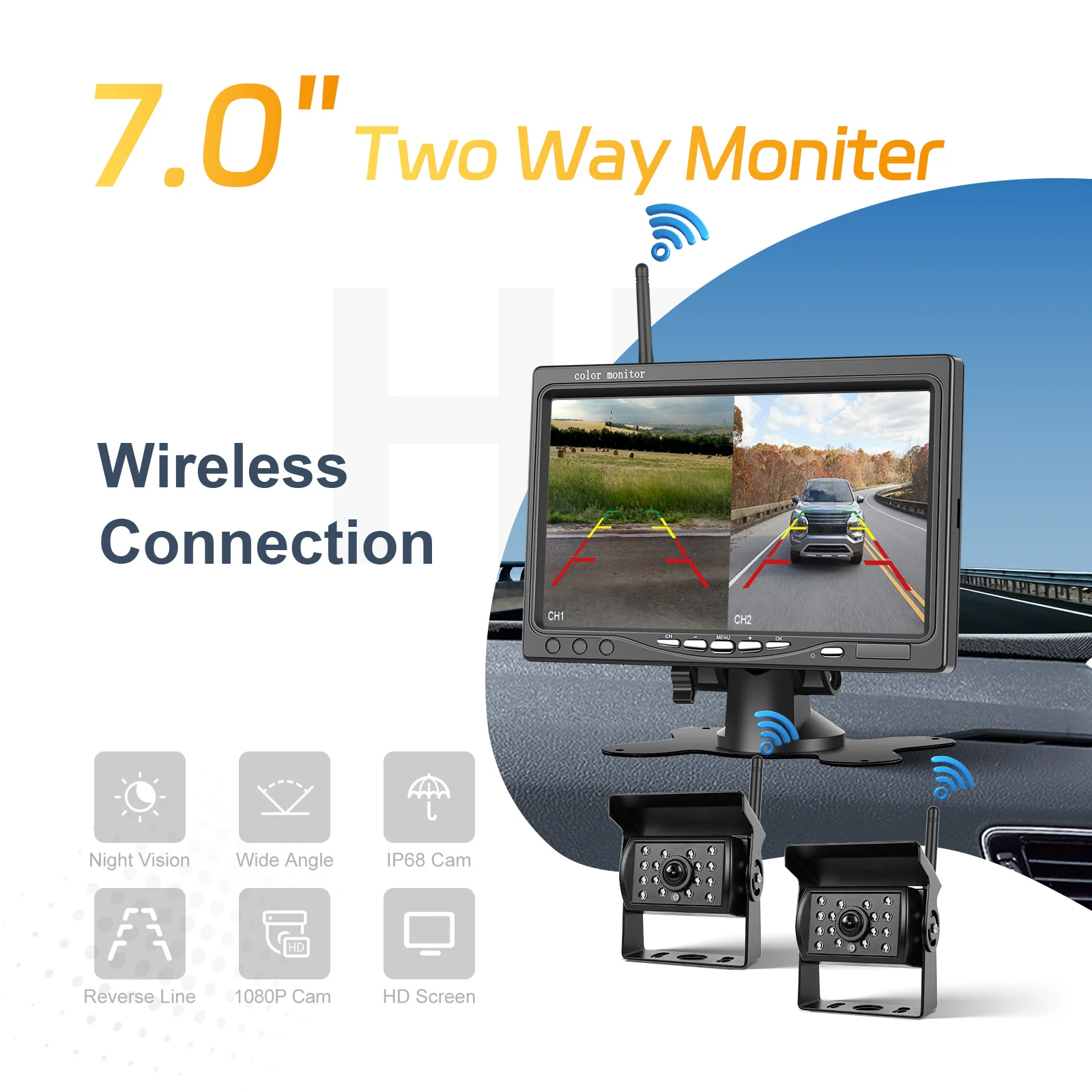 Monitor per auto Degreat 7 IPS e doppia telecamera posteriore wireless con visione notturna 1080P per parcheggio e retromarcia per camper, camion, rimorchi e autobus