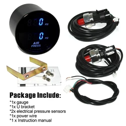 Dual Display Air Pressure Gauge 52mm PSI Bar Press Gauge for Air Suspension Red&Blue LED with 2pcs 1/8 NPT Sensor 5Meter Wire