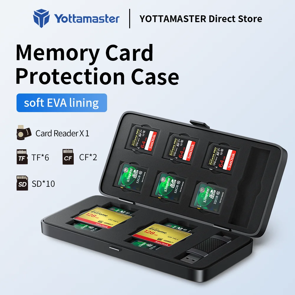 Yottamaster Holder 6SD+18TF+2FC Protector Storage Box Multi-grid Dustproof Shockproof Memory Card Case Micro SD Card Card Reader