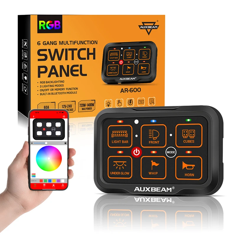 Universal 6 Gangs Switch Panel LED Backlight Slim Electronic Relay System AR-600 RGB Switch Panel For Car, SUV, Truck, Off-road
