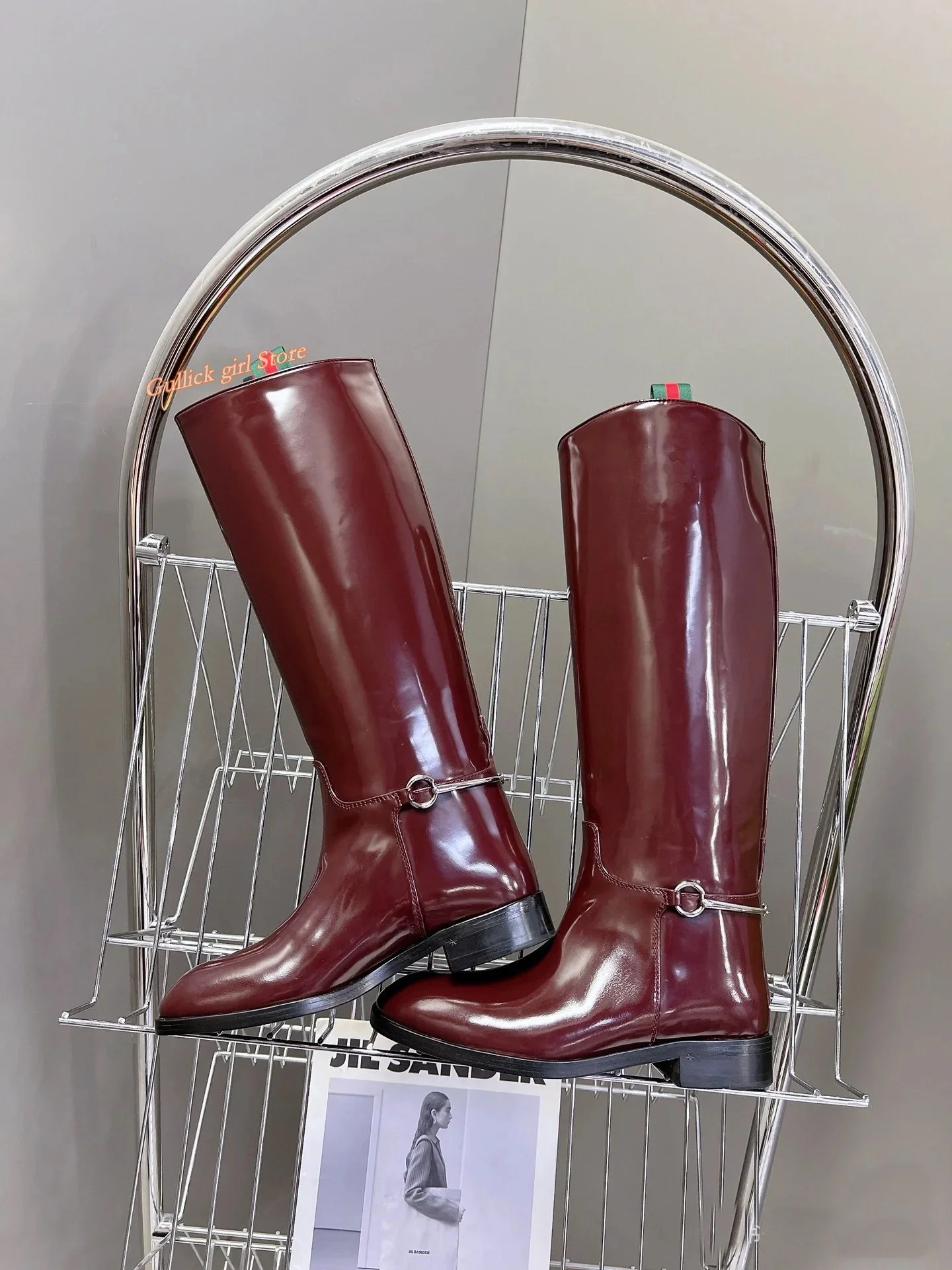 Burgundy Patent Leather Knee High Boots Round Toe Block Middle Heel Slip On Runway Fashion 2025 Women Dress Shoes Back Metal