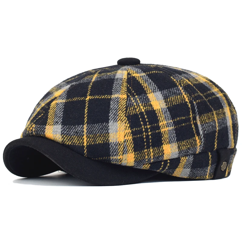 Plaid Thick Octagonal Hat Autumn Winter Woolen Newsboy Cap Beret Men Women England Gatsby Retro Hat Driver Flat Cap