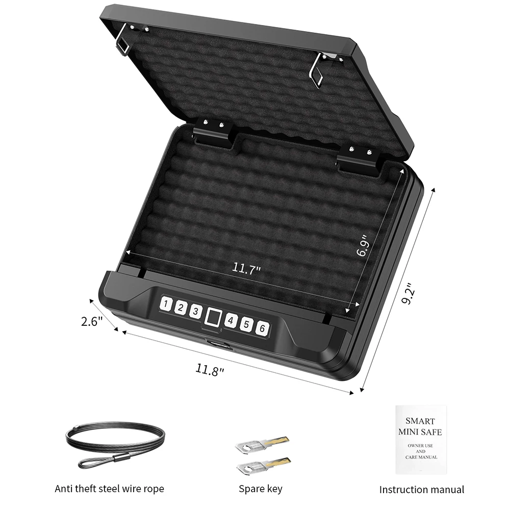 Cofre biométrico para pistola com alça, seguro para pistola sob a cama com trava de impressão digital, chave Super-C, teclado