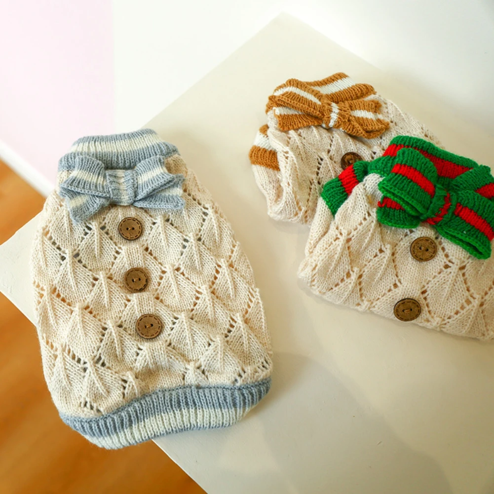 

Pet Cute Clothing Autumn Cat Winter Blue Hollow Knitted Bow Elastic Pullover Sweater Winter Pet Sweater Pet Dog Soft Clothes