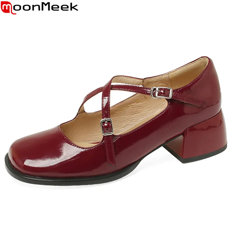 

MoonMeek 2023 New Sheepskin Concise Single Shoes Woman Buckle Square Med Heels Dress Shoes Ladies Platform Spring Pumps