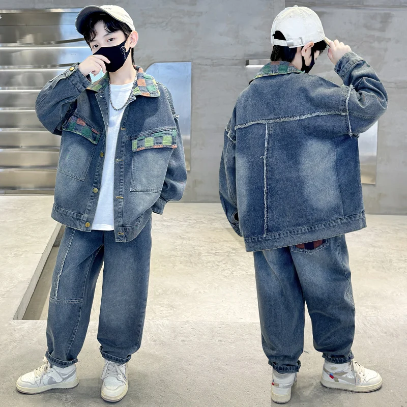 Jeans e giacca vintage casual per bambini 2 pezzi Set di vestiti per ragazzo Classico abbigliamento in denim Tuta da cowboy per bambini Primavera Autunno