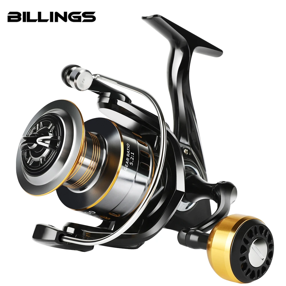 Carrete de Pesca BILLINGS con Arrastre Máximo de 12 kg, Carretes de Pesca Giratorios con Bobina Totalmente Metálica, Serie 1000-7000, Relación de Engranajes 5.2:1 para Agua Salada y Dulce