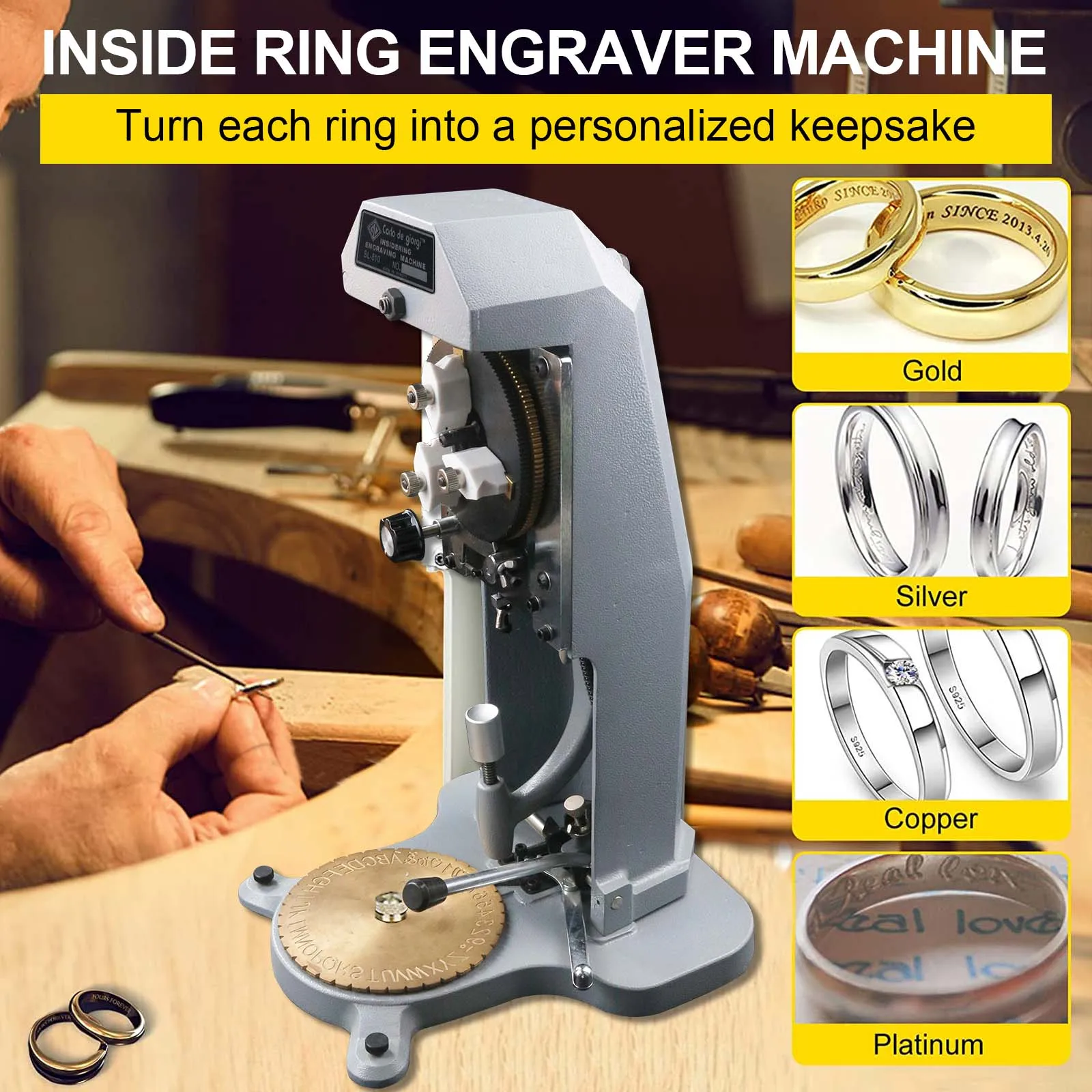 Ring Engraver: Inner Ring Engraving Machine with Standard Letter Blocks - Jewelry Ring Engraving Machine with Double-Sided Dial