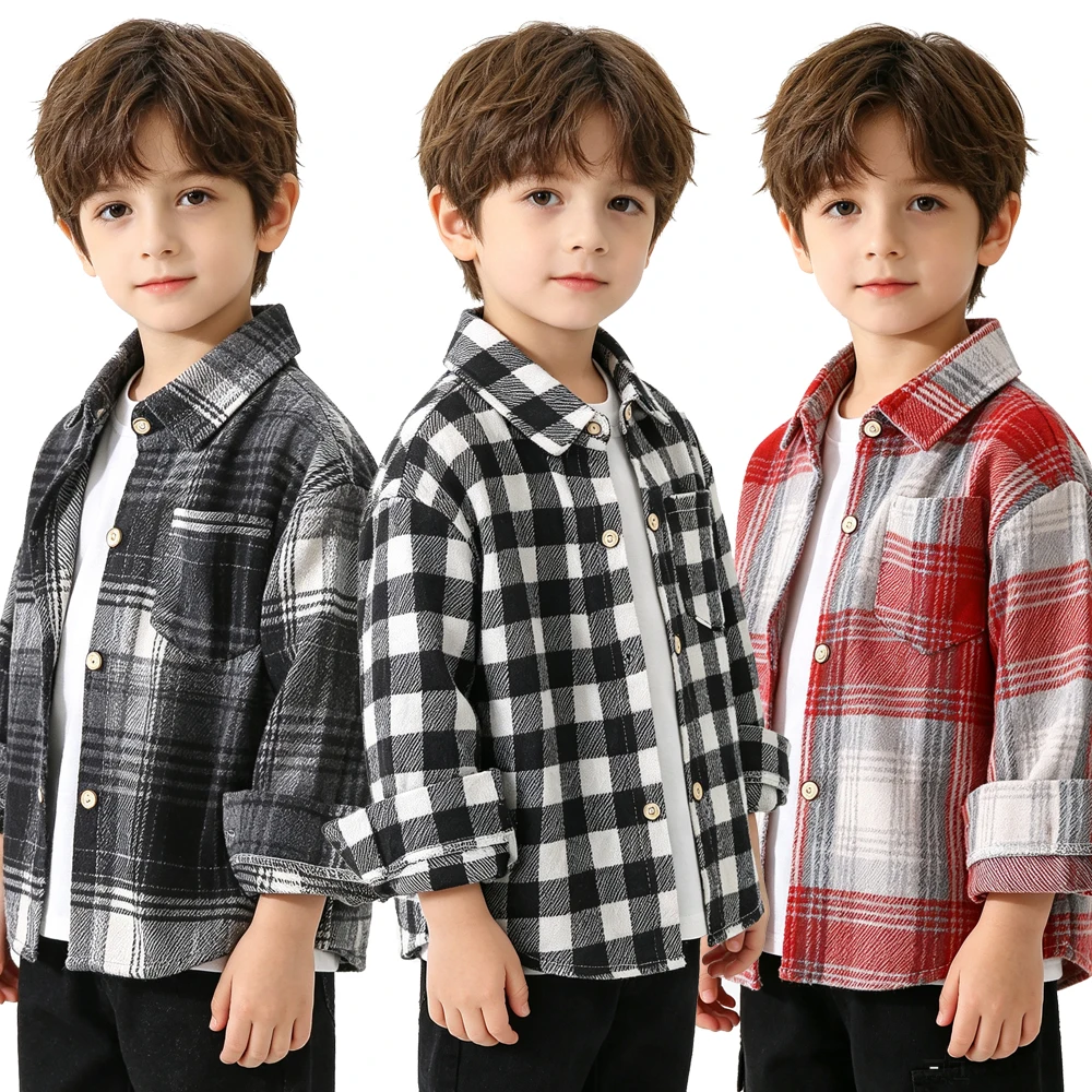 Boys Long Sleeve Plaid Winter Thick Shirt Kids Lapel Button‑Up Casual Shirts Children Loose Fit Blouse For 3‑12 Years Old