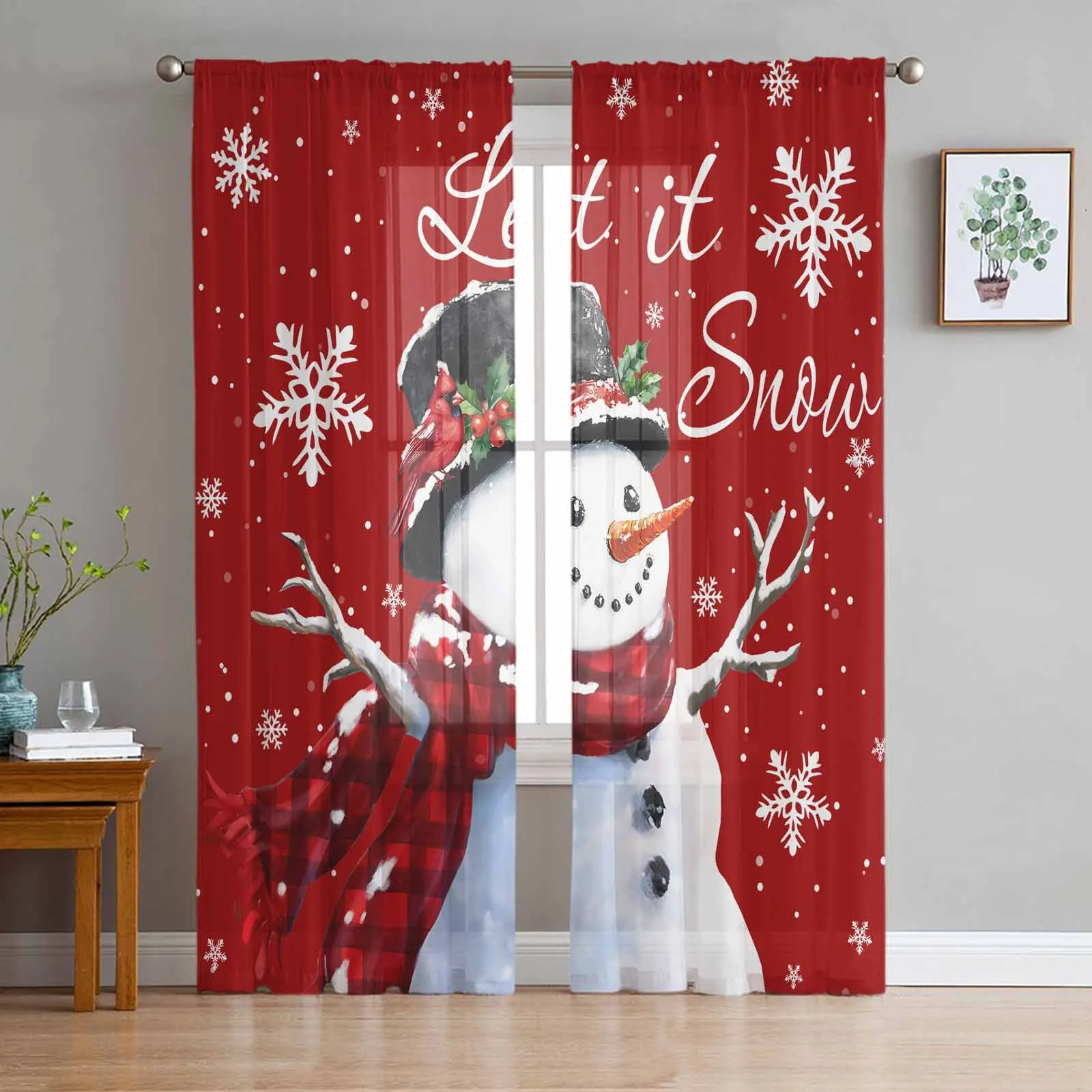 Christmas Winter Snowman Berry Curtains For Living Room Bedroom Home Decoration Window Voile Tulle Curtain Drapes