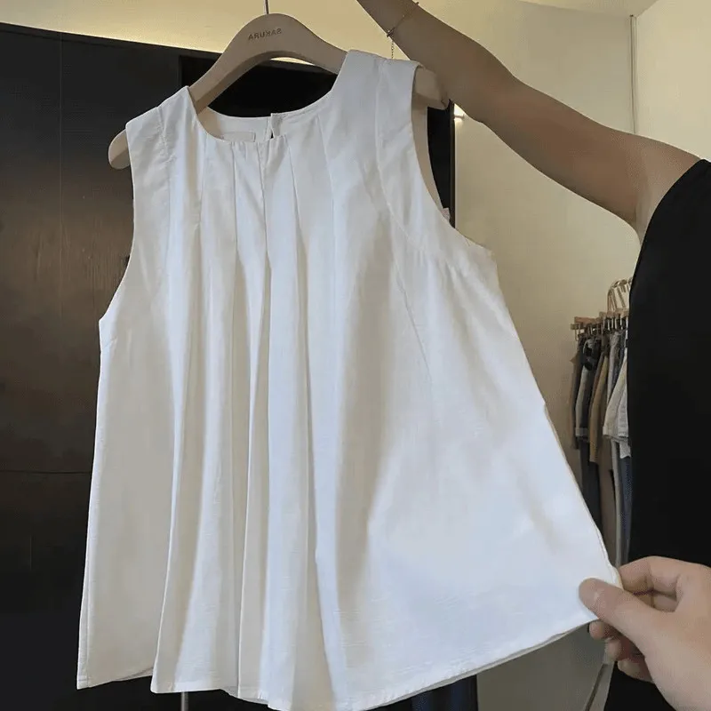 

Ele белый плиссированный женский утягивающий жилет irt Svel, летний жилет для поездок на работу, корейский свободный крой, цельный тонкий...