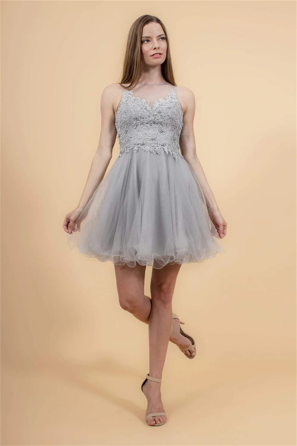 

Exquisite sheer neck tulle Homecoming Dresses for Teens sparkly Corset A-line Short Formal Cocktail Gowns Sleeveless Prom Dress