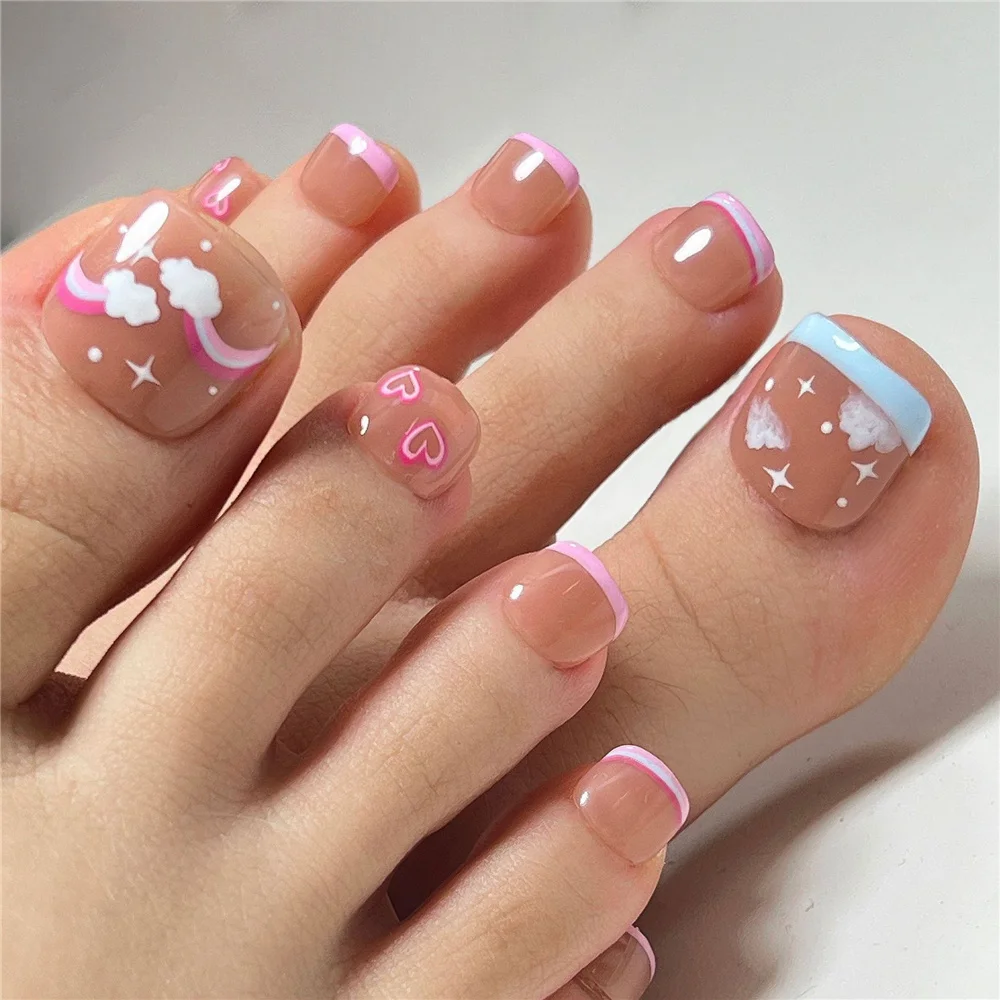 French Short Fake Toe Nails With Designs Pink Blue Two-color Fringe False Toenails Tips Cute Cartoon Rainbow Cloud Pedicure