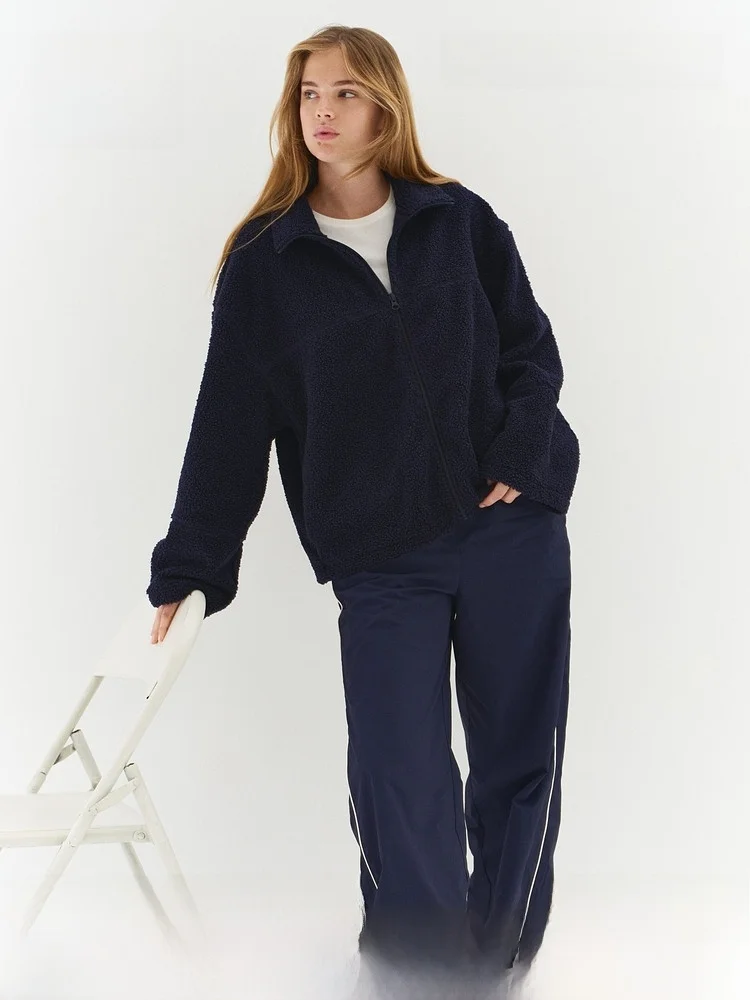 

H&M New Women's Full Zip Teddy Fleece Sweatshirt Casual Style Long Sleeve Polyester Fiber Stand Collar Spring Summer 2026