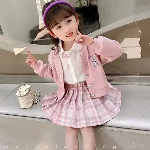 Girls\' Suit 2022 Spring Fashionable Three-Piece Suit Preppy Style Knitted Cardigan Coat Shirt Pleated Skirt Two-Piece Set