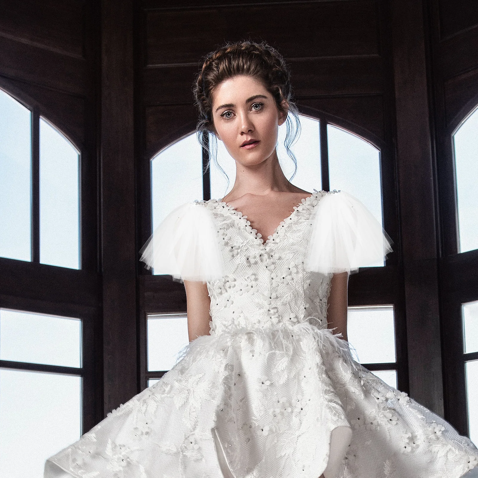 

1Pair Elegant Bridal Shawl Tulle Lace Detachable Puff Sleeves Wedding Dress Accessory Formal Occasion Detachable Puff Sleeves