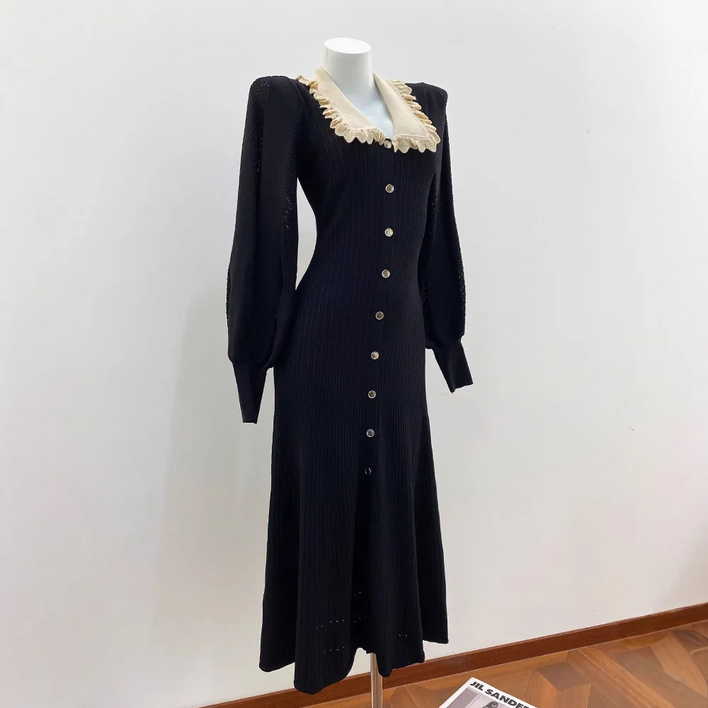 CHUJIE 秋冬春新作 フレンチスタイル ファッション エレガントドレス 高級感 ニットロングワンピース パフスリーブ付き