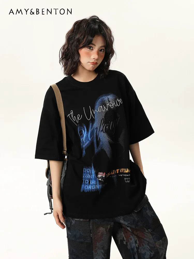 

Summer New American High Street Style Women's Letter Printing Loose Casual Black Khaki Round Neck Short Sleeve T-shirt
