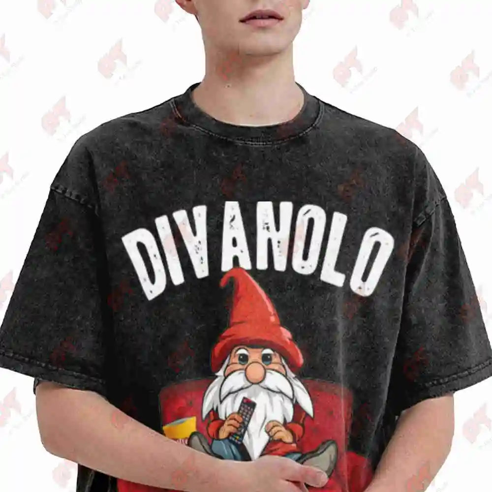 Funny Lazy Sofa Dwarf Elf Divanolo Red Armchair Popcorn Vintage Washed Tee Pure Cotton T-Shirt