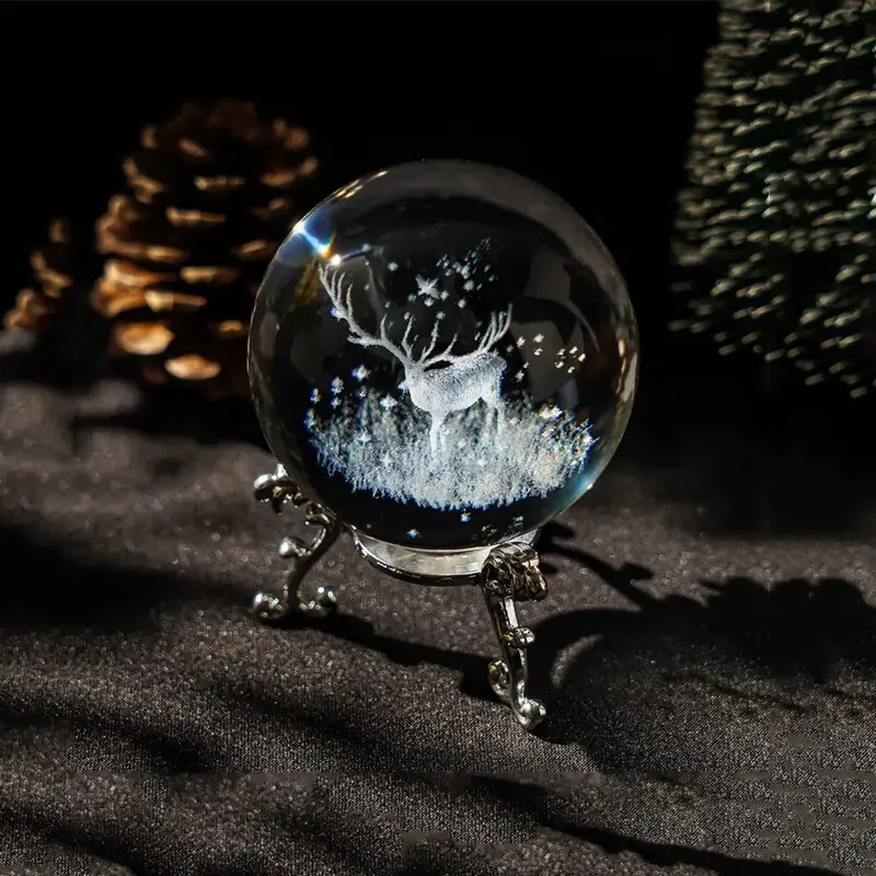 1Pc 2.4 inch (60mm) 3D Laser Engraved Christmas Deer Crystal Ball with Silver Plated Trellis Home Art Decoration Christmas Gifts