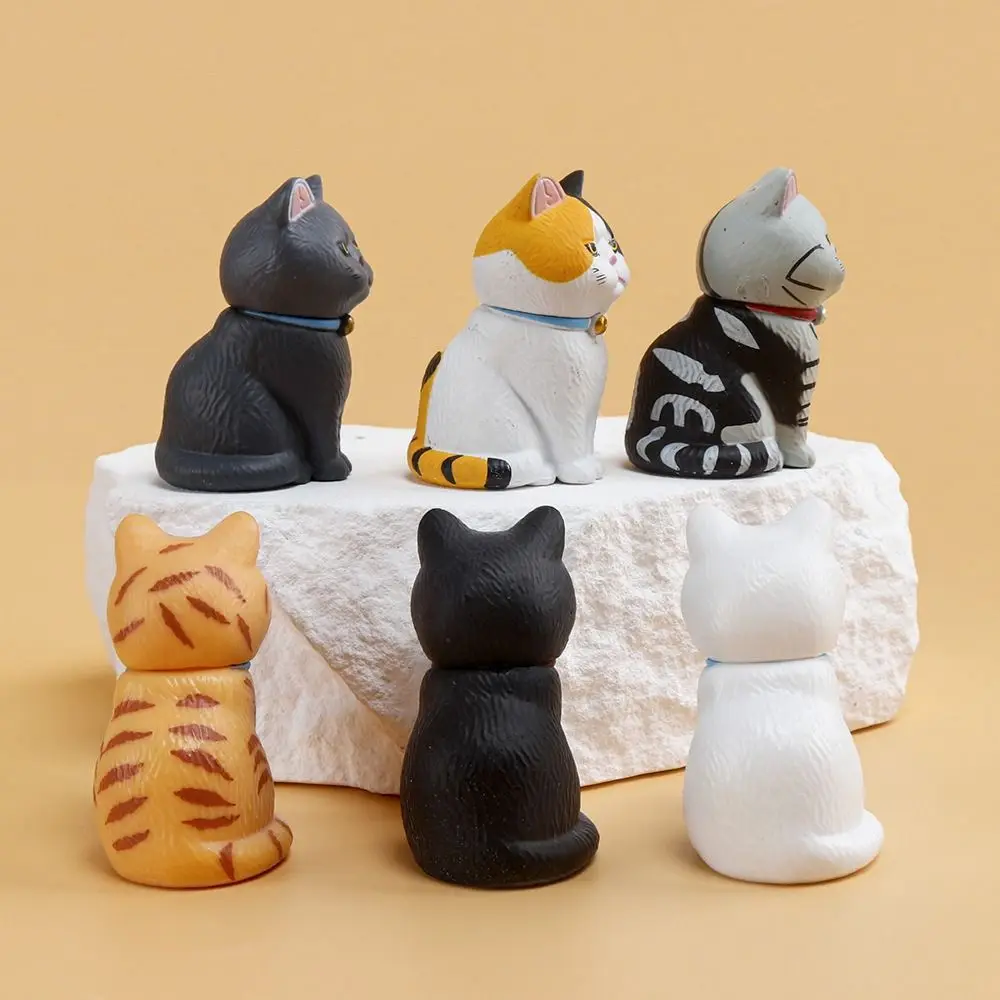 PVC Statue Simulated Cat Model Doll Mini Small Bell Sitting Cat Figure Toy Black Cat Cartoon Mini Cat Ornament Car Accessories